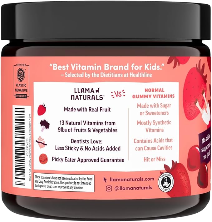 Llama Naturals Kids Multivitamin Gummies | Real Fruit, No Added Sugar Cane | Organic Vegan Toddler Whole Food Vitamins | Vitamin D, C & Beta Carotene Gummy Supplement | Strawberry 180 Ct (2-3 Months)