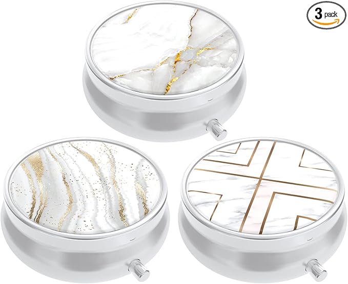 3 Pack Pill Box, Small Pill Case for Purse & Pocket, Cute Travel Medicine Organizer, Portable Medicine Container Holder to Hold Vitamins, Medication, Fish Oil & Supplement, White Marble