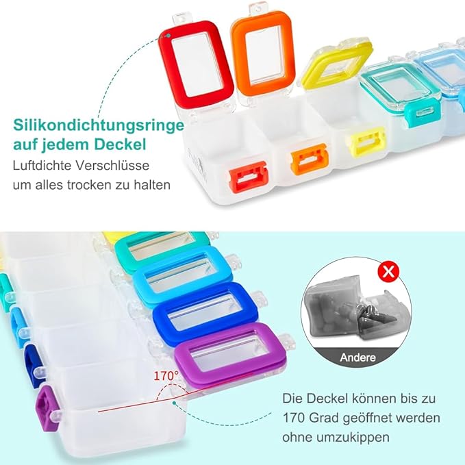 Fullicon Weekly Pill Organizer 7 Day Ultra Moisture and Spill Proof Daily Pill Box, Large Medicine Case with Secure Buckle, Compact Travel Pill Container for Pill, Vitamin, & Fish Oil (Rainbow Clear)