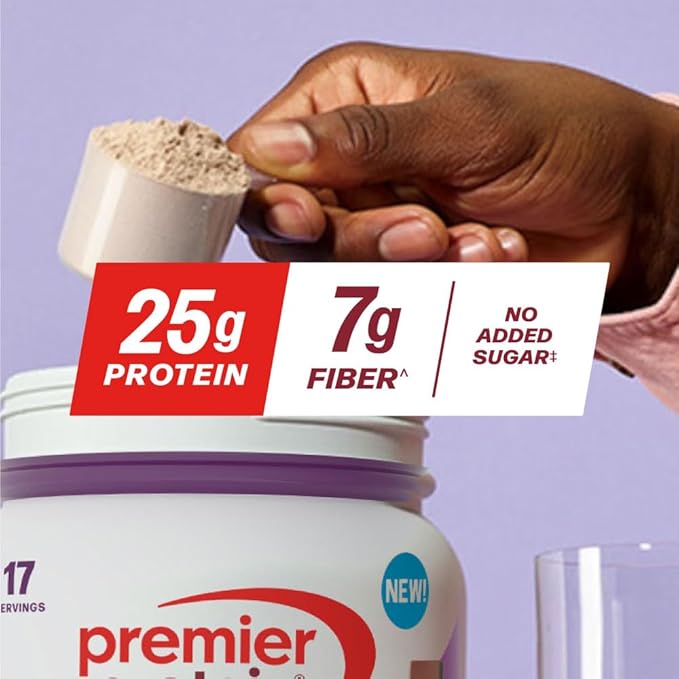 Premier Protein Powder Plus Fiber, Chocolate, 25g Protein, 7g Fiber to Support Gut Health, No Added Sugar (17 Servings)