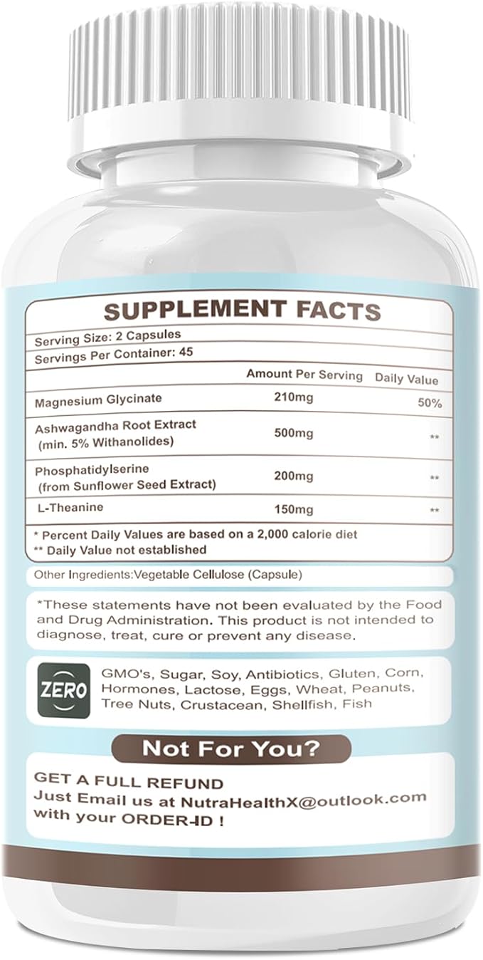 Cortisol Supplement for Women and Men, 4-in-1 Cortisol Reducer with Magnesium Glycinate, Ashwagandha, Phosphatidylserine, L-Theanine, for Relaxation & Calm Support, 90 Veg Caps