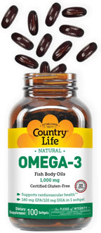 Country Life Omega-3 Fish Oil Supplement, 1000mg, 180mg EPA & 120mg DHA, Fish Oil Concentrate, Burpless, 100 Softgels, Certified Gluten Free