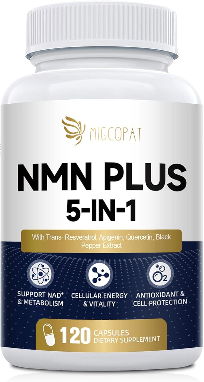 Migcopat NMN Supplement 1000mg – NMNH Alternative 5-in-1 NAD Supplement w/Resveratrol, Apigenin, Quercetin & Black Pepper – Supports Cellular Energy, Healthy Aging & Longevity – 120 Veggie Capsules