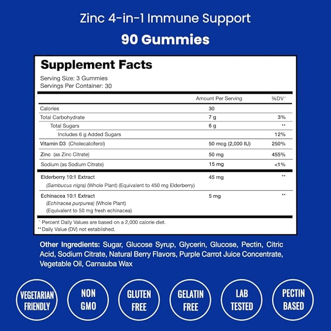 NutraChamps 4-in-1 Zinc Gummies, 50mg Chewable Zinc Supplement Gummies with Vitamin D3 2000 IU, Elderberry & Echinacea, Immune, Heart & Brain Support, 180 Count (Pack of 2)