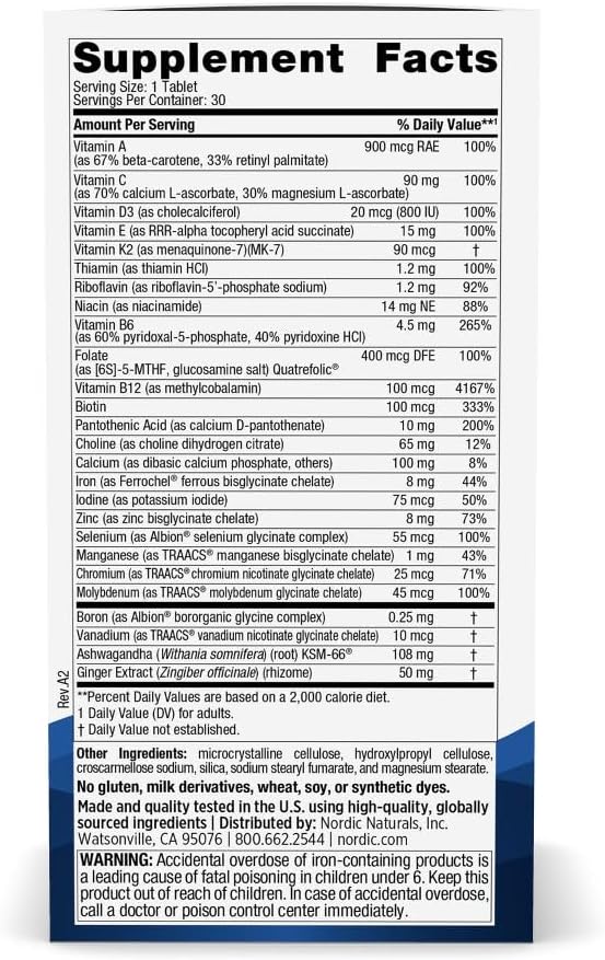 Nordic Naturals Women’s Multivitamin One Daily - Skin, Hair, Energy, & Bone Support - Immunity Supplement - 20 Essential Nutrients - 30 Tablets - 30 Servings