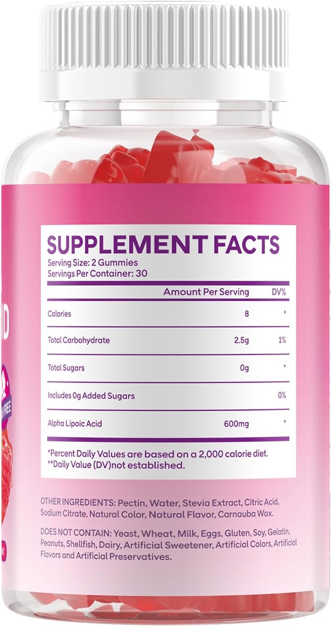 2 Pack Alpha Lipoic Acid Gummies 600mg, High Absorption Chewable ALA Supplement for Antioxidant Support, Raspberry Flavor, Vegan, Sugar Free, 120 Count