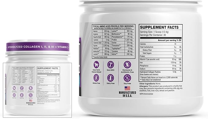 INVIGOR8 Collagen Peptides Powder Hydrolyzed with Vitamin C Type I, II, & III Unflavored Non-GMO Grass-Fed Supplement Supports Joints, Skin, Hair, Nails and Anti-Aging 12.4g