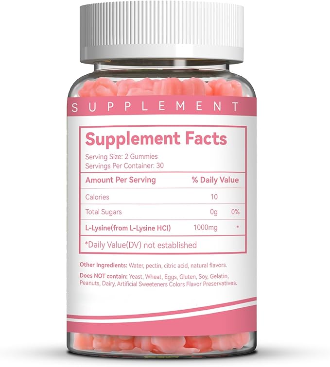 L-Lysine 1000mg Gummies, Chewable Lysine Supplement for Adults, Lysine Gummies for Lip Health, Immune Support- Vegan, Gluten-Free, Sugar-Free, 60 Counts