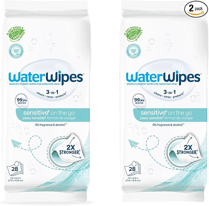 WaterWipes Sensitive+ On The Go Wipes,3-In-1 Cleans,Cares,Protects,99.9% Water,Unscented & Hypoallergenic Wet Wipes,28 Count (Pack of 2)