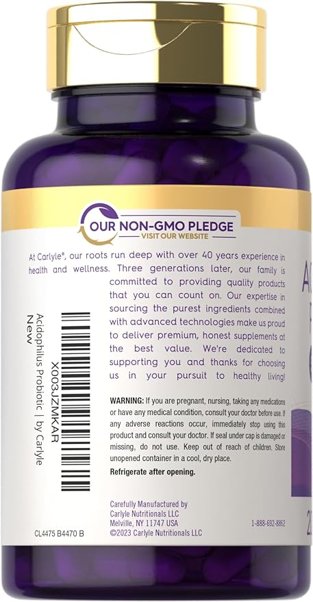 Carlyle Acidophilus Probiotic Capsules for Women and Men | 500 Million CFU | 200 Pills | Lactobacillus Supplement | Non-GMO and Gluten Free