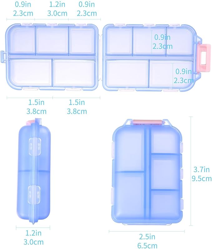 1Pack Travel Pill Organizer - 10 Compartments Pill Case, Compact and Portable Pill Box, Perfect for On-The-Go Storage, Pill Holder for Purse (Blue with 156 Stickers)