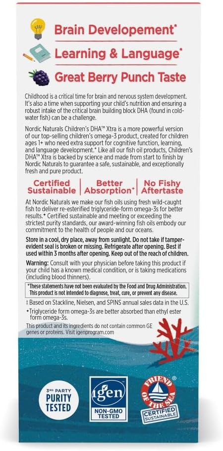 Nordic Naturals Children’s DHA Xtra, Berry Punch - 2 oz for Kids - 880 mg Total Omega-3s with EPA & DHA - Cognitive & Immune Function, Learning, Social Development - Non-GMO - 48 Servings