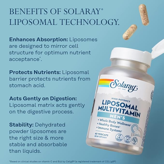 SOLARAY Liposomal Multivitamin for Men, Enhanced Absorption Immune, Energy & Bone Support, Mens Daily Multi Vitamin, BCAAs, Vitamin D3, C, B12, Zinc, Vegan, Soy Free, 30 Serv, 60 VegCaps