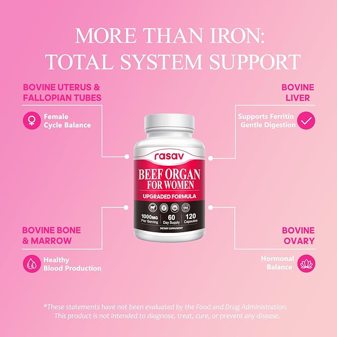 Beef Organ Supplement for Women - Ferritin Supplement for Women, Grass Fed Liver, Uterus, Ovary & Bone Marrow - Natural Anemia Support, Energy & Hormone Balance - Pasture Raised - 120 Capsules