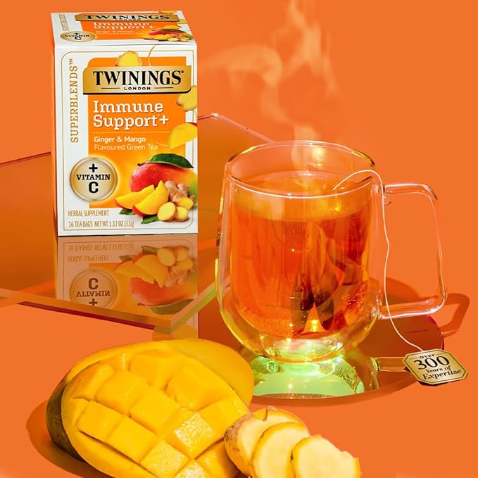Twinings Superblends Immune Support+ Herbal Tea with Vitamin C, Ginger & Mango Flavoured Green Tea, 16 Tea Bags (Pack of 6), Naturally Caffeine-Free, Enjoy Hot or Iced, 96 Teabags