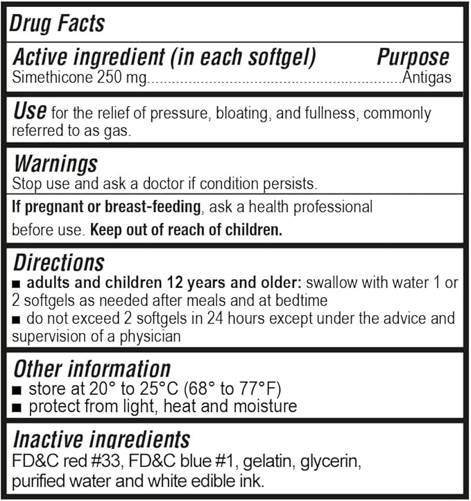 Maximum Strength Gas Relief Softgels with Simethicone 250 mg Relieve Pressure, Bloating and Painful Discomfort Compare to Gas-X and Phazyme -100 Count