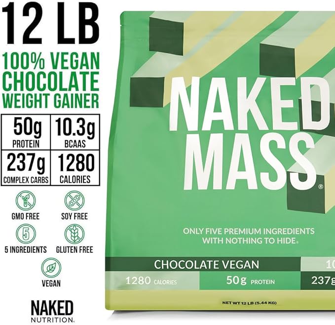 NAKED Vegan Mass - Chocolate Vegan Weight Gainer - 1,280 Calories, Non-GMO, Soy & Gluten Free, No Artificial Ingredients - 12LB Bulk - 17 Servings