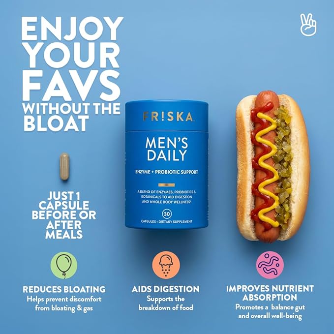 Friska Men’s Daily Gut Support - Digestive Enzymes, Probiotics to Help Break Down Foods, Supports Energy & Nutrient Absorption with Vitamins B6 & B12, 30 Capsules