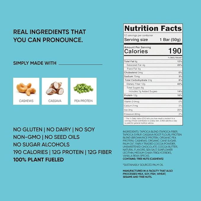 TRUBAR Vegan Protein Bar, Oh Oh Cookie Dough, Gluten Free, Plant Based Protein, Dairy Free, Non GMO, Soy Free, No Sugar Alcohols, 12G Protein, 13G Fiber, Healthy on the Go Snack Bars, 12 CT