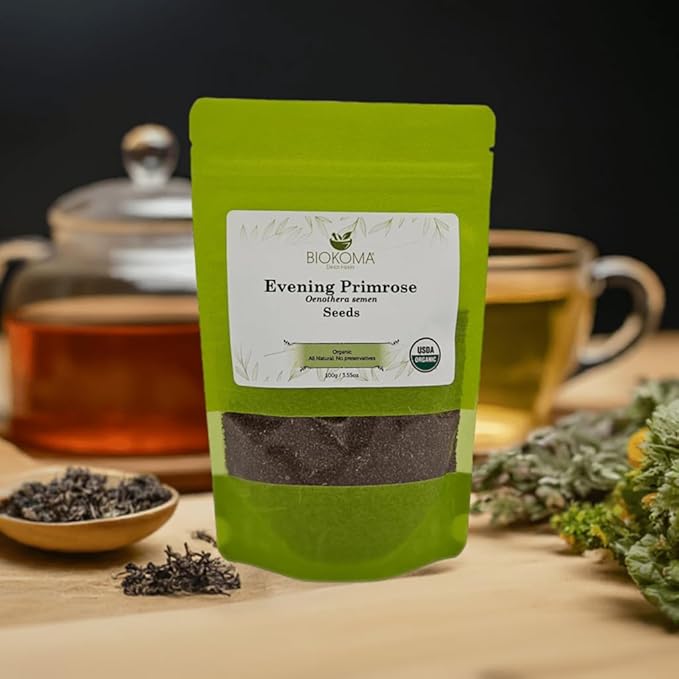 Biokoma Organic Evening Primrose Seeds 100g 3.55oz USDA Organic Oenothera Biennis GLA Omega-3 Hormonal Balance Skin Health Resealable Moisture Proof Pouch Herbal Tea No GMO No Preservatives Kosher