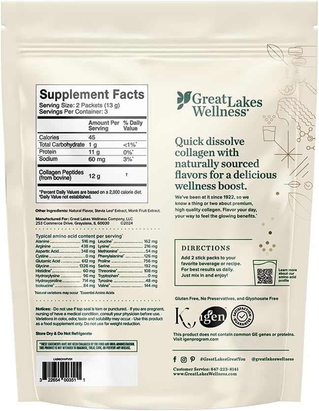 Great Lakes Wellness Collagen Peptides Powder for Skin, Hair, Nails, Joints & Digestion - Variety Flavors - Quick Dissolve Hydrolyzed, Non-GMO, Kosher - 6 Sticks - Packaging May Vary (Pack of 2)