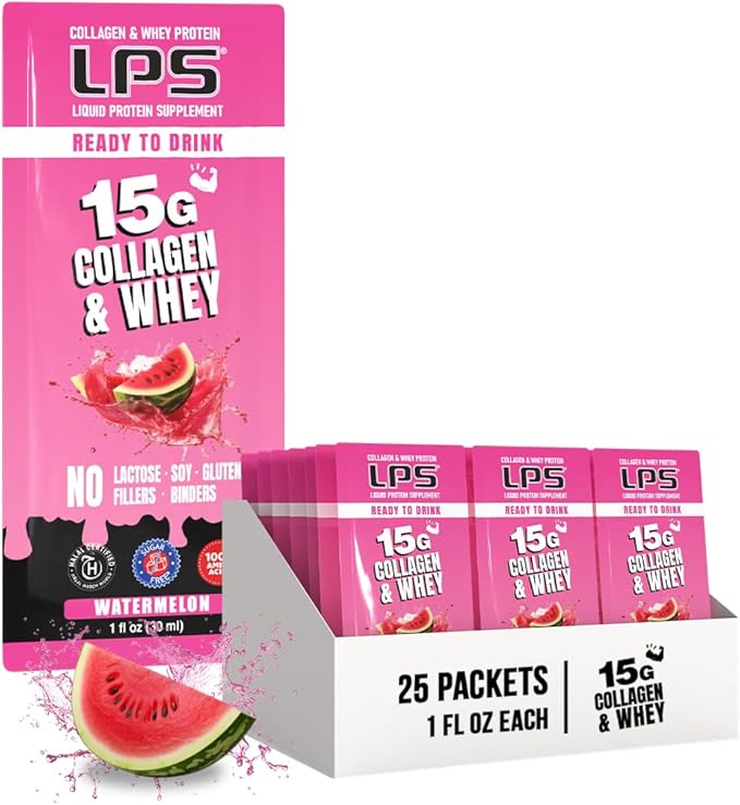 Nutritional Designs LPS Liquid Collagen & Whey Protein Supplement - Non-GMO Drink, Sugar-Free - Promotes Healthy Skin & Hair for Men & Women, Watermelon, Single Serve (25 Packets)