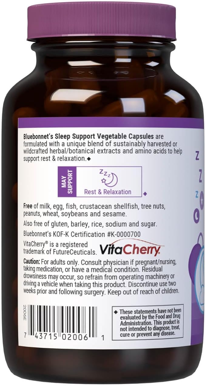 Bluebonnet Nutrition Sleep Support, Rest & Relaxation Whole Food-Based Formula*, Non-GMO, Vegan, Gluten-Free, Kosher Certified, Soy-Free, Dairy-Free, 60 Vegetable Capsules, 60 Servings