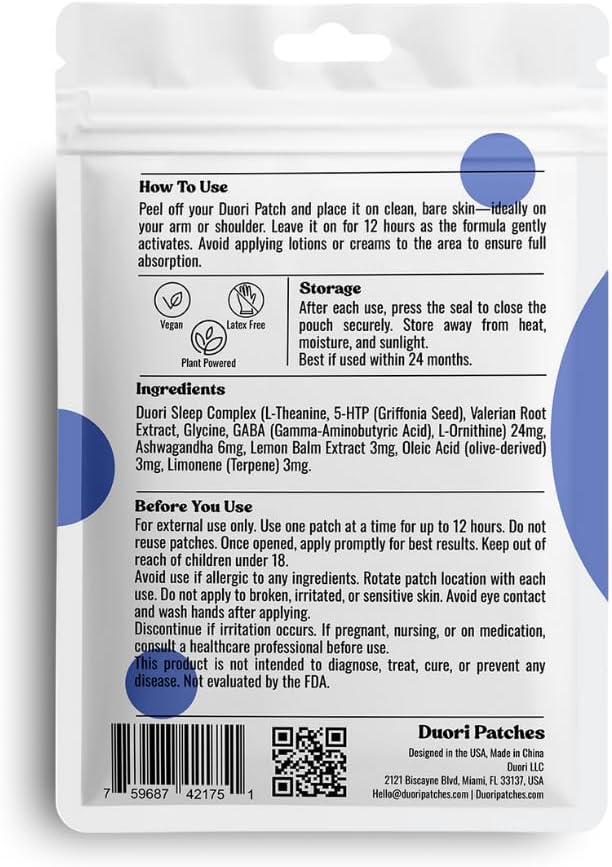 DUORI Sleep Patches for Adults - Valerian Root - Melatonin Free - Natural Sleep Aid with 5-HTP and Ashwagandha - 30 Patches