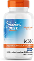 Doctor's Best MSM Supplement Capsules for Men & Women - Supports Hair, Skin, Nails, Joint Health & Mobility, 3000 mg Per Serving, Delivers Beneficial Sulfur w/OptiMSM, Gluten Free, Non GMO - 180 Caps