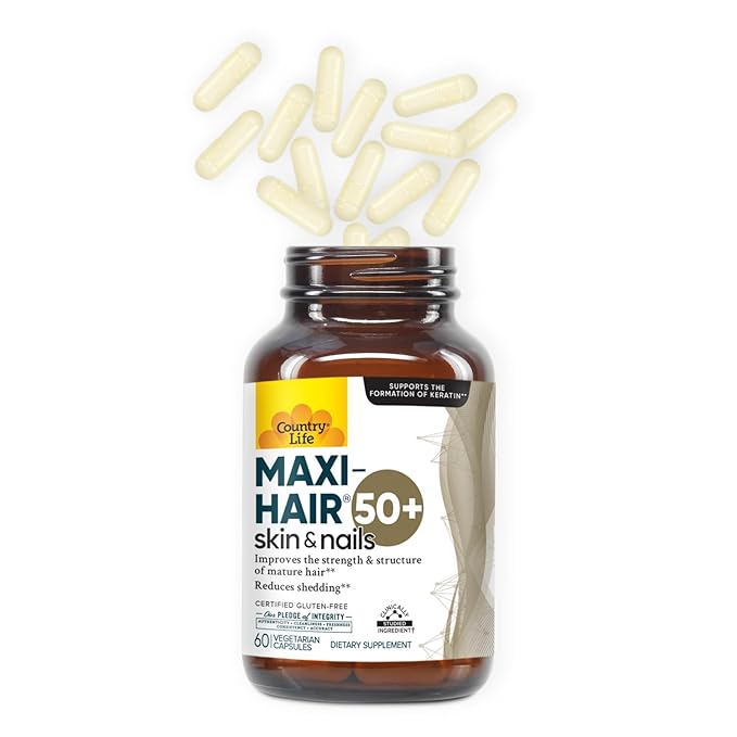 Country Life Maxi-Hair 50+ – Biotin-Based Hair, Skin & Nails Supplement for Women & Men Over 50 | Supports Healthy Hair Growth & Reduced Shedding | Certified Gluten-Free & Vegetarian | 60 Capsules