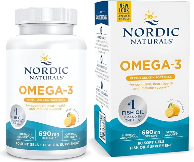 Nordic Naturals Omega-3 in Fish Gelatin, Lemon Flavor - 60 Fish Gels - 690 mg Omega-3 - Fish Oil - EPA & DHA - Immune Support, Brain & Heart Health, Optimal Wellness - Non-GMO - 30 Servings