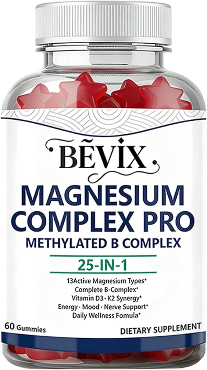 Magnesium Complex Gummies with Methylated B Complex Magnesium Glycinate Citrate Malate Taurate Gluconate Aspartate Carbonate D3 K2, Magnesium for Relaxation Energy & Nerve, 60 Gummies