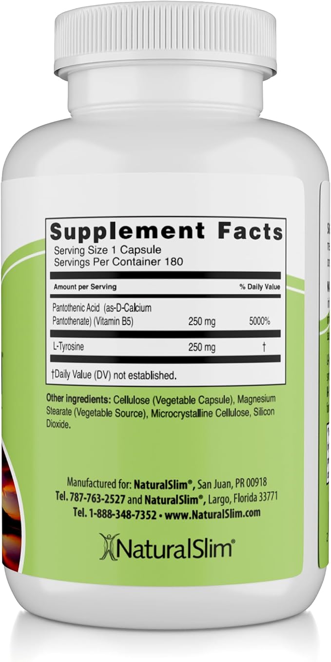 NaturalSlim Stress Relief Supplement - Stress Defender, High Cortisol Reducer, Control Cravings, Sleep & Metabolism Support with Vitamin B5 Pantothenic Acid & L Tyrosine - 180 Vegetable Capsules