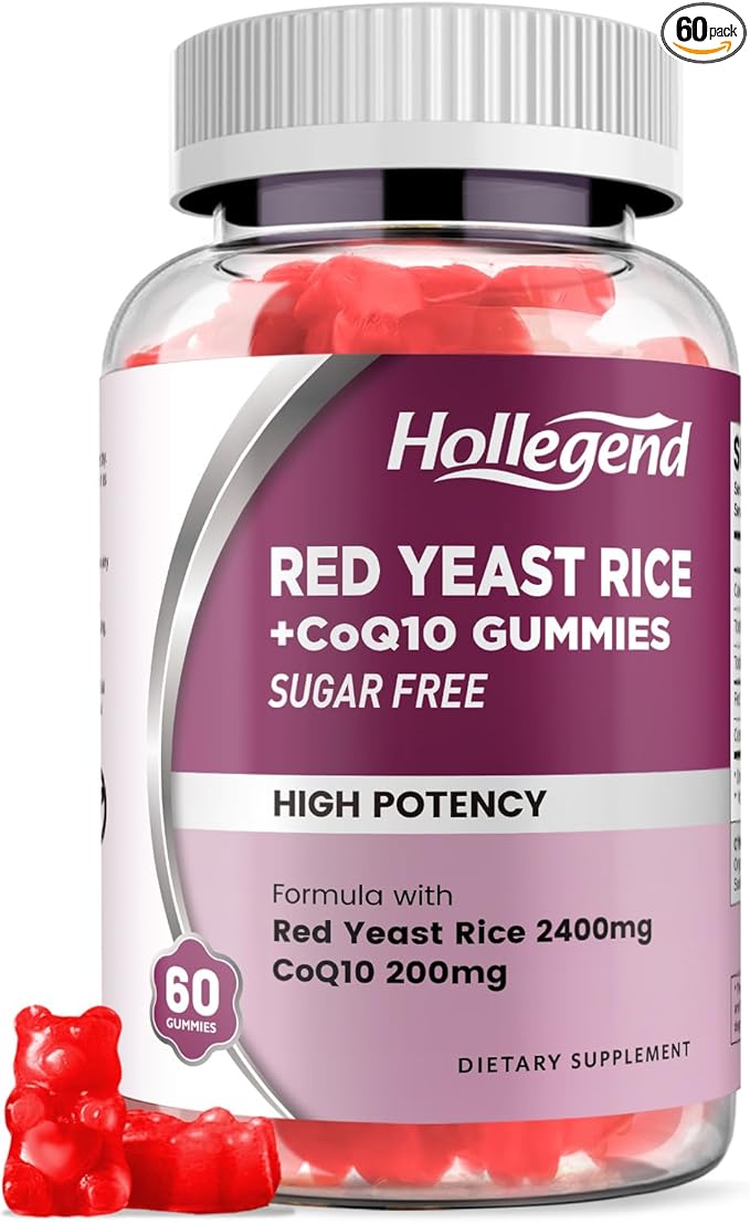 Hollgend Red Yeast Rice with Coq10 Gummies Sugar Free, Organic Red Yeast Rice 2400mg for Cholesterol Lowering Supplements, Enhanced with Coenzyme Q10 200mg for Heart Health Support, 60 Chewables