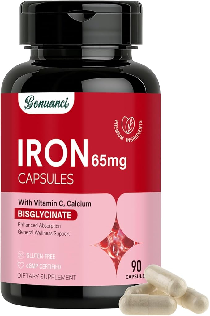 Iron Supplement - Iron 65mg High Absorption Iron Bisglycinate with Vitamin C, Calcium, Gentle Iron Pills for Women Men - Non GMO & Gluten Free, Stomach Friendly, 90 Capsules