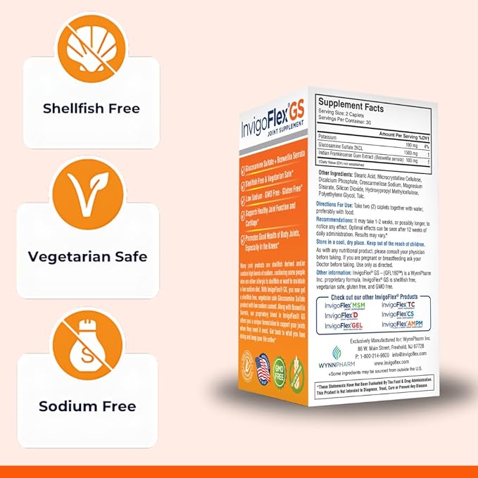 INVIGOFLEX Glucosamine Sulfate (Shellfish Free, Sodium Free & Vegetarian Safe) Non GMO, Gluten Free - with Boswellia Serrata - Premium Joint Supplement GS - 2 Pack