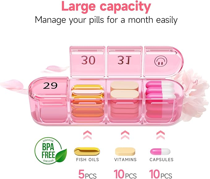 Zoksi Monthly Pill Organizer 1 Time a Day, 30 Day Pill Box Organizer Once a Day, One Month Large Pill Case for Travel, 31 Day Daily Medcine Container for Vitamins, Supplement & Medication (Pink)
