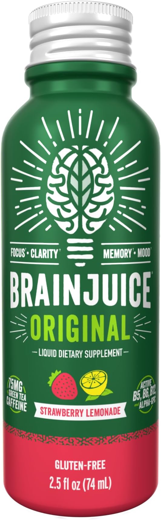 BrainJuice Energy & Focus Shot, Gluten Free Supplement, Healthy Drinks with Alpha GPC, Vitamin B & Organic Green Tea Extract Caffeine, Strawberry Lemonade, 2.5 fl oz, 12 pack