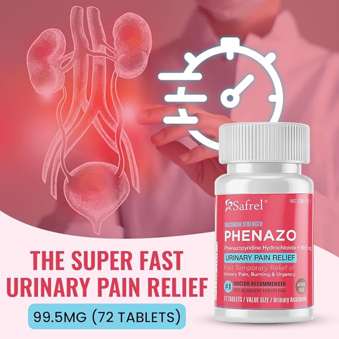 Safrel Urinary Pain Relief | UTI Relief | Fast Acting | Bladder Discomfort & Pain Relief | Phenazopyridine Hydrochloride 99.5mg (72 Count)