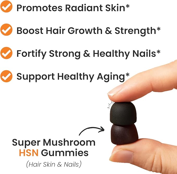 Auri Nutrition Super Mushroom HSN Gummies - Hair Skin and Nails Gummies Functional Mushrooms Supplement - with Wild Chaga, Chlorophyll, Lutein and Astaxanthin - 60 Orange Citrus Gummies