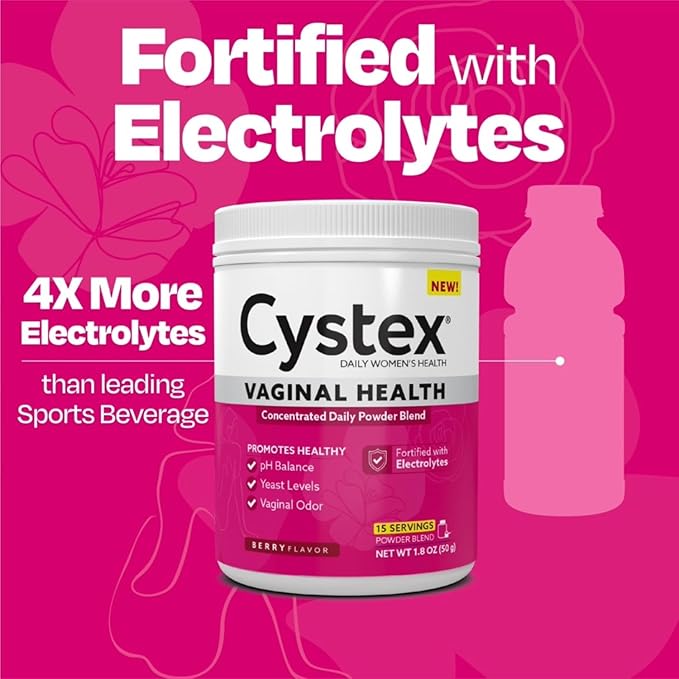 Cystex Vaginal Health Powder - Daily Electrolyte-Enhanced Support for pH Balance, Yeast, & Odor - Hydrating Berry Flavor - 15 Servings
