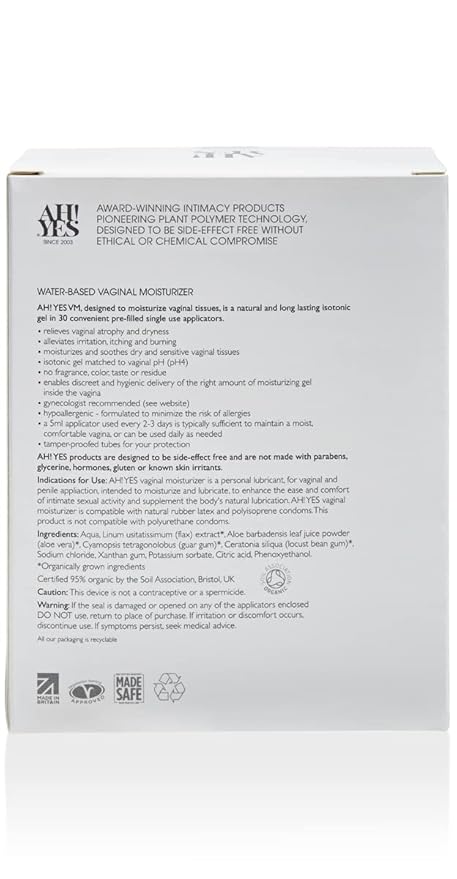 AH! YES® VM Water Based Vaginal Moisturizer | Long Lasting & Fast Acting for Vaginal Dryness & Irritation | pH Matched | Estrogen Free | Certified Organic & Natural (30 x 0.17 fl oz Applicators)