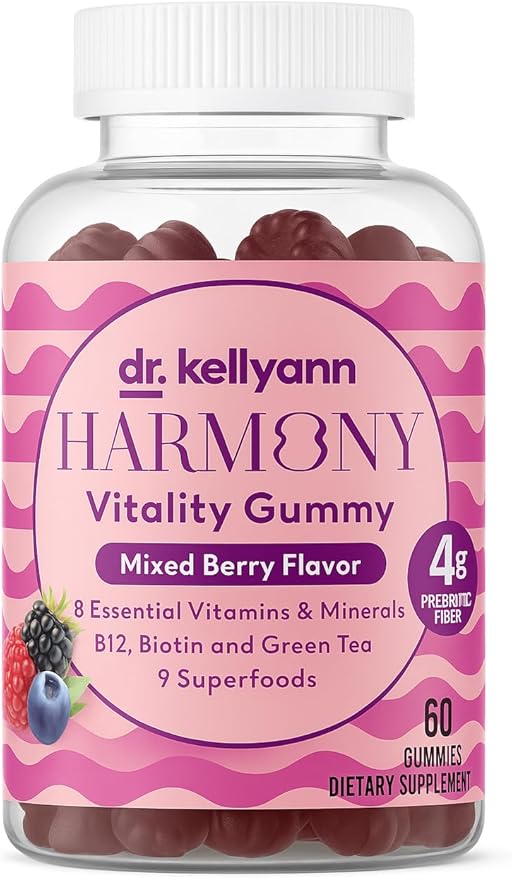 Dr. Kellyann Harmony Vitality Gummies | Mixed Berry | B12, Biotin, Green Tea, Prebiotic Fiber & Superfoods | Vegan, Non-GMO, Gluten-Free | 60 Gummies