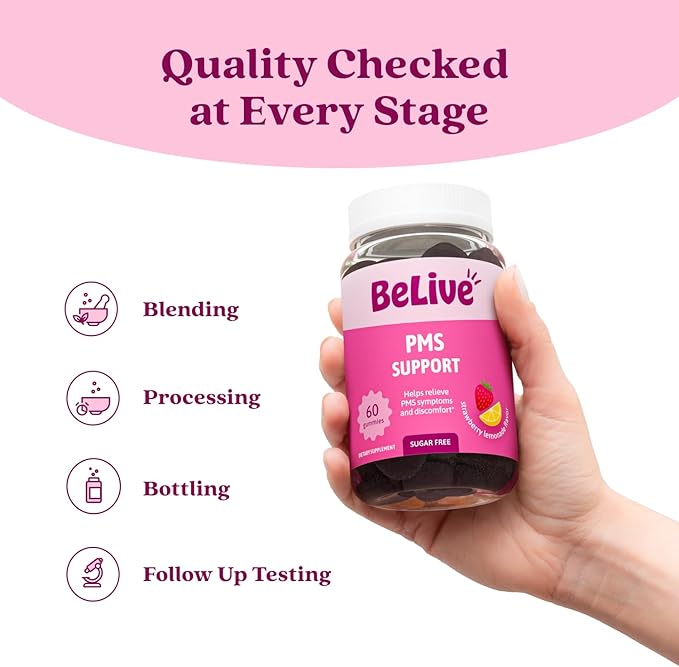 BeLive PMS Support Gummies Supplement – Helps Relieve PMS Symptoms – Hormonal Balance Mood Swings & Cramps Relief, Bloating Support – with Chaste Tree Extract - Strawberry Lemonade Flavor – 60 Count