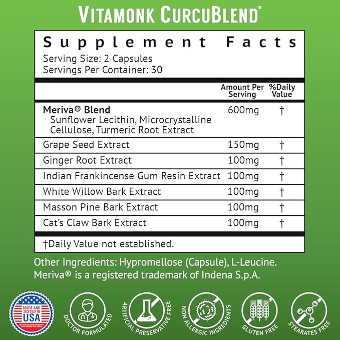 VitaMonk Turmeric and Ginger Complex with Meriva, Grape Seed, Boswellia Extract, Cat’s Claw and More - Ginger and Turmeric Supplements for Overall Health, Wellness and Immune Support - 60 Caps