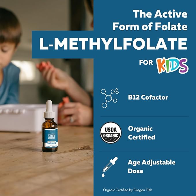 Organic Kids Methylfolate + Methyl B12 Cofactor - Flavorless, Sublingual Form - 5-MTHF Form, Superior Form of Folate - Adjustable Dosing for All Ages - Mood, Behavior, Cognition - 1 oz.
