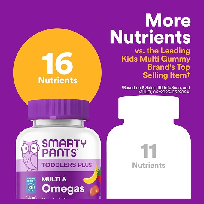 SmartyPants Toddler Multivitamin Gummies, Omega 3 (DHA/EPA), Vitamins D3, C, Vitamin B12, B6, A, K & Zinc, Biotin, Gluten Free, Three Fruit Flavors, 60 Count (30 Day Supply)