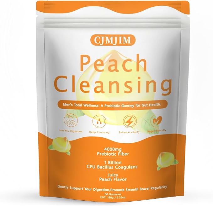 Peachy Clean Fiber Gummies with Prebiotic for Men, Peach Flavored Digestive Support & Detox Gummy Supplement, 60 Vegan Gummy Bears for Regularity & Gut Health (1)