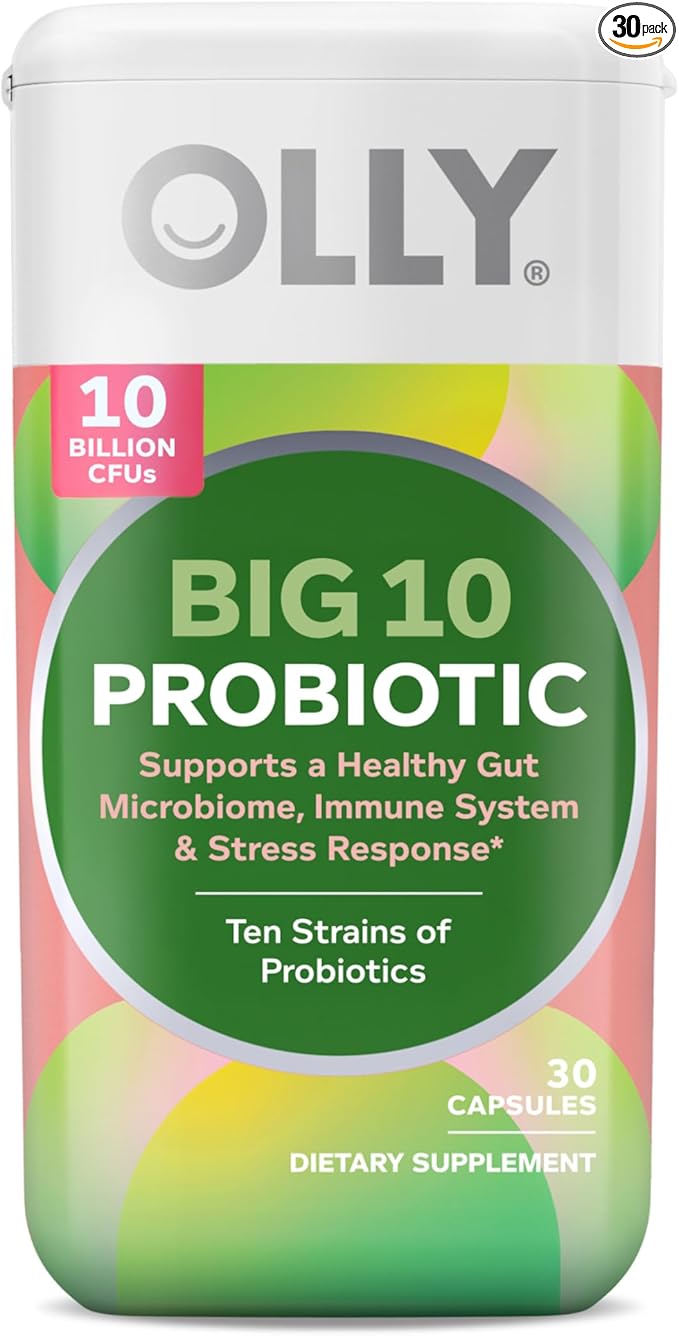 OLLY Big 10 Probiotic, Supports a Healthy Gut Microbiome,* 10 Billion CFUs, 30 Day Supply - 30 Count