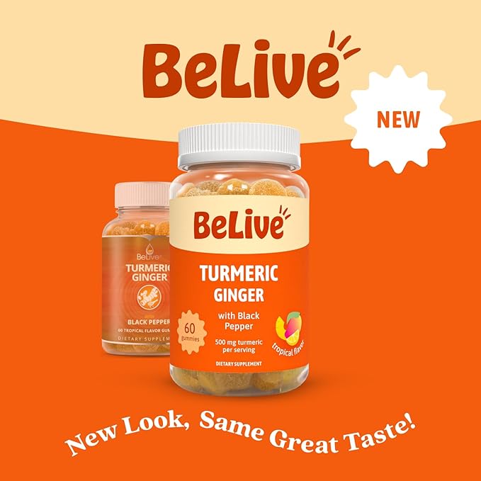BeLive Turmeric and Ginger Gummies - 500mg - Joint and Mobility Support Supplement - Curcumin with Black Pepper for Enhanced Absorption - Gluten Free and Vegan - Tropical Flavor - 60 Count
